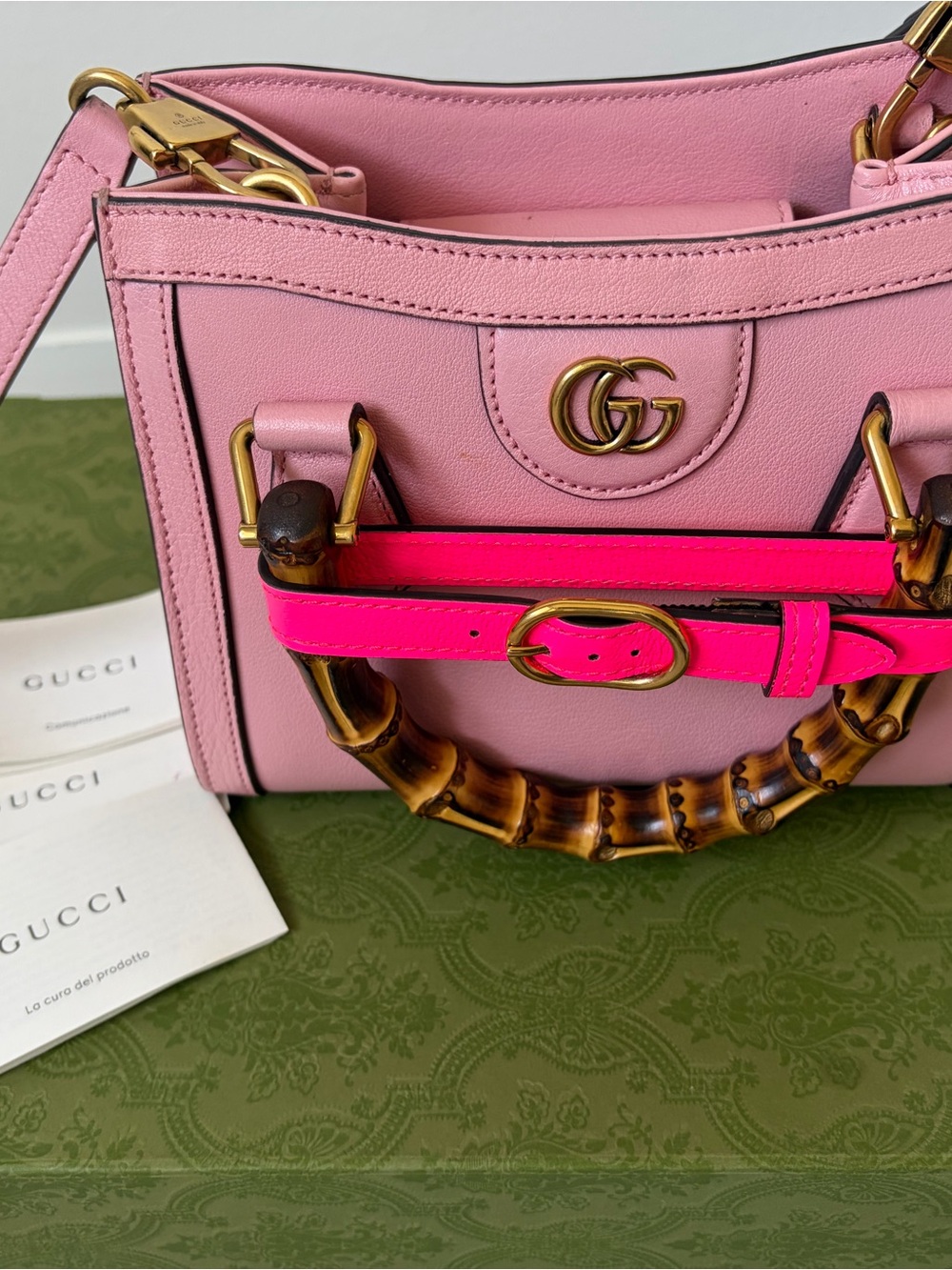 Gucci Pink Leather Mini Top-Handle Bag with Bamboo Handles and Neon Pink Strap - Picture 7 of 10